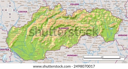 Detailed physical map of Slovakia