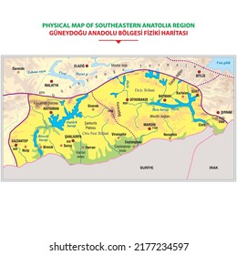 Detailed physical map of South East Anatolia region. vector illustration