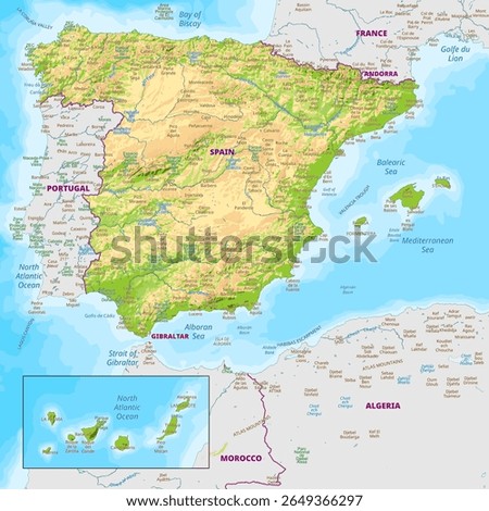 Detailed physical map of Spain