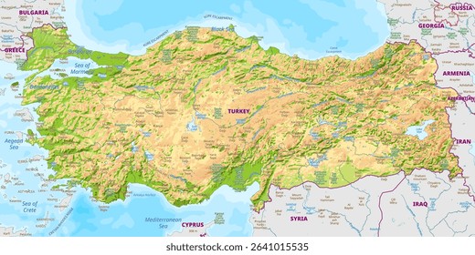 Detailed physical map of Turkey