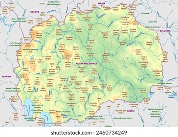 Detailed physical topographic map art of North Macedonia