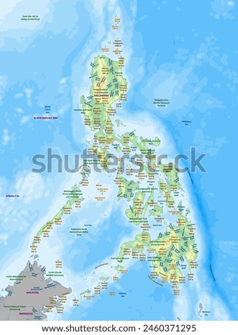 Detailed physical topographic map of Philippines