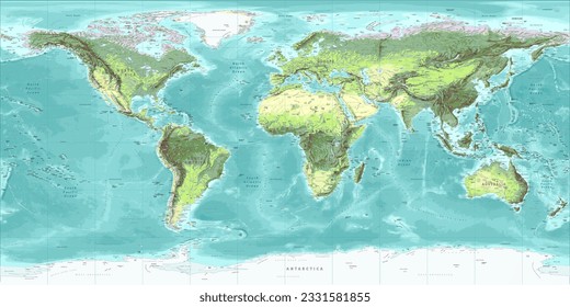 Detailed physical world map  Equirectangular projection svg