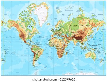 Detailed Physical World Map with labeling. Vector illustration.
