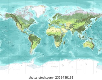 Detailed physical world map Miller projection