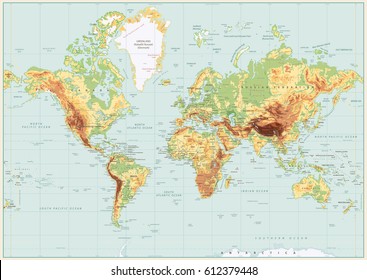 Detailed Physical World Map Retro Colors. No Bathymetry. Vector Illustration.