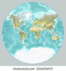 Detailed physical world map Van der Grinten projection