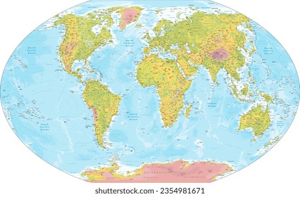 Detailed physical world map Winkel-Tripel projection