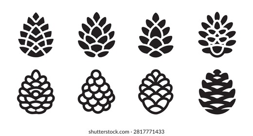 Detailed pinecone shapes for winter patterns and natural forest landscape vector graphic design elements.