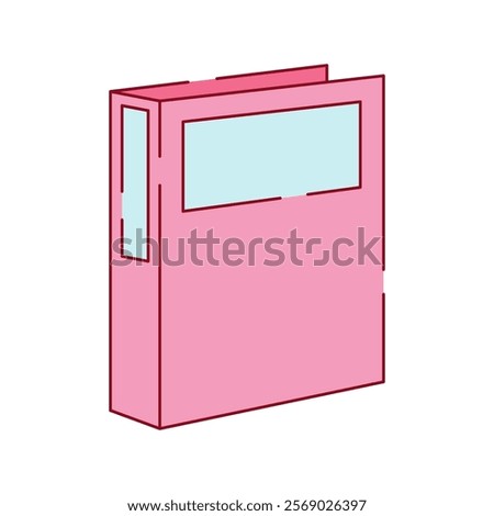 A detailed pink binder vector Illustration with a light blue label on the front and side. Ideal for organizing documents in office, administrative, and educational settings