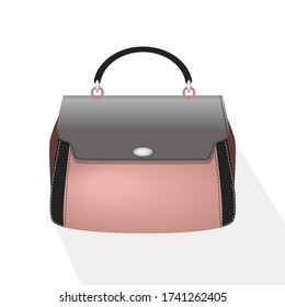 Detailed pink female handbag with black and gray elements on a white background. Isolated vector flat illustration. Woman  bag or purse. Beauty and elegance shop