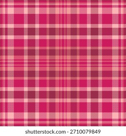 Detailed pink pixelated tartan pattern. A versatile backdrop for textile design, digital arts or vibrant graphic projects. Evokes warmth and tradition with modern aesthetic.