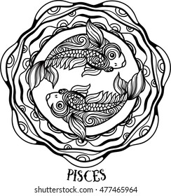 Detailed pisces in aztec filigree line art zentangle style. Tattoo, coloring page for adult. T-shirt design. Zodiac pisces tribal, decorative wool pattern. Vector