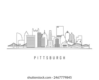 Detailed Pittsburgh skyline vector illustration. Pittsburgh, PA buildings in line art style, perfect for modern designs.