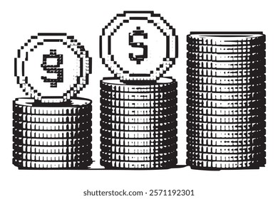 Detailed pixel art coin icons in 8 bit style, showcasing dollar signs and stacked coins for gaming, wealth, or savings visuals