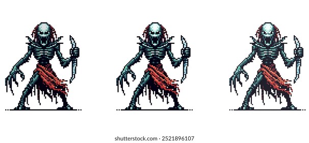 Detailed pixel art depicting a fantastic scary creature with claws, done in a gaming style.