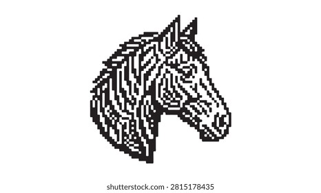 A detailed pixel art illustration showcasing the distinctive striped head of a zebra, rendered in a monochromatic palette.