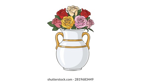 A Detailed Pixel Art Illustration of a White Ceramic Vase Filled with a Colorful Assortment of Roses and Green Leaves Against a White Background Capturing a Vintage Aesthetic