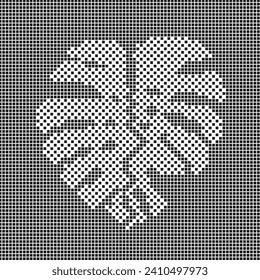 Detailed pixel art of a monstera plant tropical leaf in black and white. Minimalist, monochromatic element. Nature and botanical design.