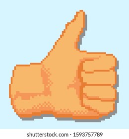Detailed pixel thumb up with shadow on blue background. Isolated vector sign perfect for game content, players expression, geek symbol. Retro game approval symbol