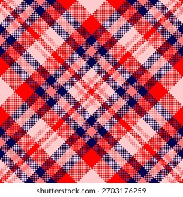 Detailed plaid pattern with pixelated red, white, and blue. Versatile for backgrounds, apparel, or textile designs. Evokes vintage, rustic, and patriotic themes.