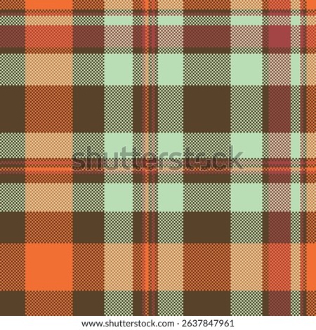Detailed plaid pattern with a rustic, homespun feel. Features a grid of orange, brown and mint tones. Great for textiles, backgrounds, and digital art.