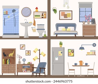 Detailed plan of the apartment inside. Furnished rooms. Living room with armchair, bedroom and kitchen, bathroom with shower. Household items. Furniture icons with fittings. Flat vector illustration.