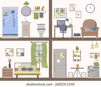 Detailed plan of the apartment inside. Furnished rooms. Bathroom with shower. Study with table, computer and chair. Bedroom with bed and window. Kitchen with stove, table and stools, refrigerator