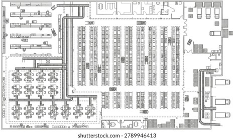 Detailed plan view schematic of a manufacturing plant floor, useful for engineering, facility planning, and logistics optimization project presentations.