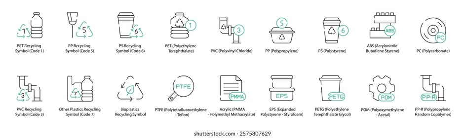 Detailed Plastics and Recycling Symbols Icons - PET (Code 1), PP Recycling (Code 5), PVC (Code 3), Other Plastics, PS Recycling (Code 6), PET, PVC, PP, Bioplastics Recycling, PTFE 