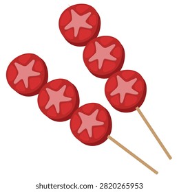 Detailed and Playful Vector Illustration of Round Sausage Skewer Satay with Star-Shaped Center Cut, Unique Indonesian Street Food Snack Design, Grilled Sosis Bulat on Stick with Decorative Star Pattern, Isolated on White Background, Perfect for Menu Design, Street Food Branding, Kids Snack Concept, Packaging, and Culinary Creative Projects