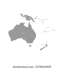 Detailed political map highlighting country borders across Australia and Oceania, including the Australia and New Zealand. A useful reference for geography studies.