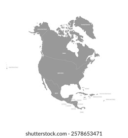 Detailed political map highlighting country borders across North America, including the United States, Canada, and Mexico, along with Caribbean nations. A useful reference for geography studies.