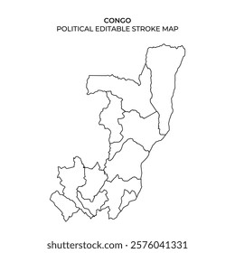 A detailed political map outlines the regions of Congo. The map is designed without labels, showing the borders and layout of the countrys divisions for a clear visual reference.