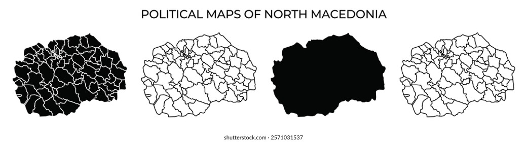 Detailed political maps of North Macedonia display different styles and outlines of regions. These representations highlight administrative divisions and geographic features.