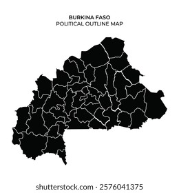 Detailed political outline map of Burkina Faso, showcasing the countrys administrative divisions in black and white. Ideal for educational and reference purposes.