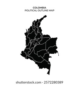 A detailed political outline map of Colombia highlighting its various departments and borders. The map provides clear geographic demarcations essential for understanding the nations layout.