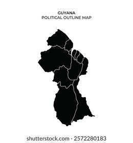 A detailed political outline map displaying the regional divisions of Guyana. It highlights the various areas within the country effectively in a minimalistic style.