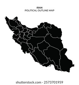 Detailed political outline map displays the divisions within Iran, highlighting various regions in black. This visual provides a clear view of the countrys geographic layout.