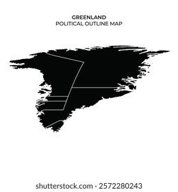 A detailed political outline map of Greenland highlights the various regions within the island. The map is designed in a minimalist style for clarity and easy interpretation.