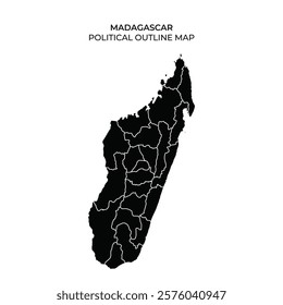 Detailed political outline map of Madagascar showing distinct regional boundaries in black. This map highlights the various administrative regions of the island nation.