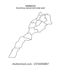 A detailed political outline map of Morocco displays the countrys regions and administrative boundaries. The clear lines help visualize the geographic divisions within Morocco.