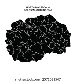 Detailed political outline map of North Macedonia highlighting its administrative divisions. The map features distinct borders for each region, designed for educational and reference purposes.