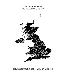 Detailed political outline of the United Kingdom showing distinct counties. The map features clear boundaries and is presented in a minimalist black aesthetic.