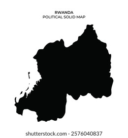 A detailed political solid map of Rwanda highlighting its distinctive shape and borders. The map emphasizes geographical features without additional markings or colors.