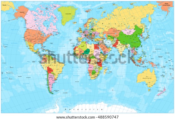 Detailed Political World Map Capitals Rivers Stock Vector (Royalty Free ...