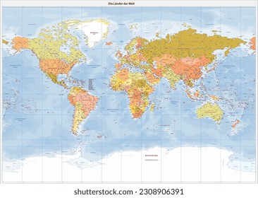 Detailed political world map German language Miller projection