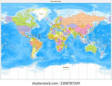 Detailed political world map Spanish language Miller projection