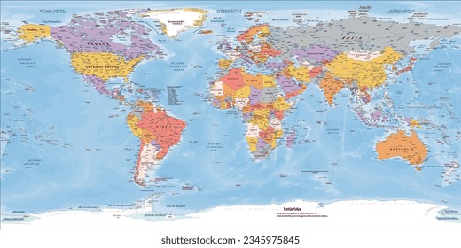 Detailed political world map Spanish language Equirectangular projection svg