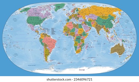 Detailed political world map Spanish language Equirectangular projection svg